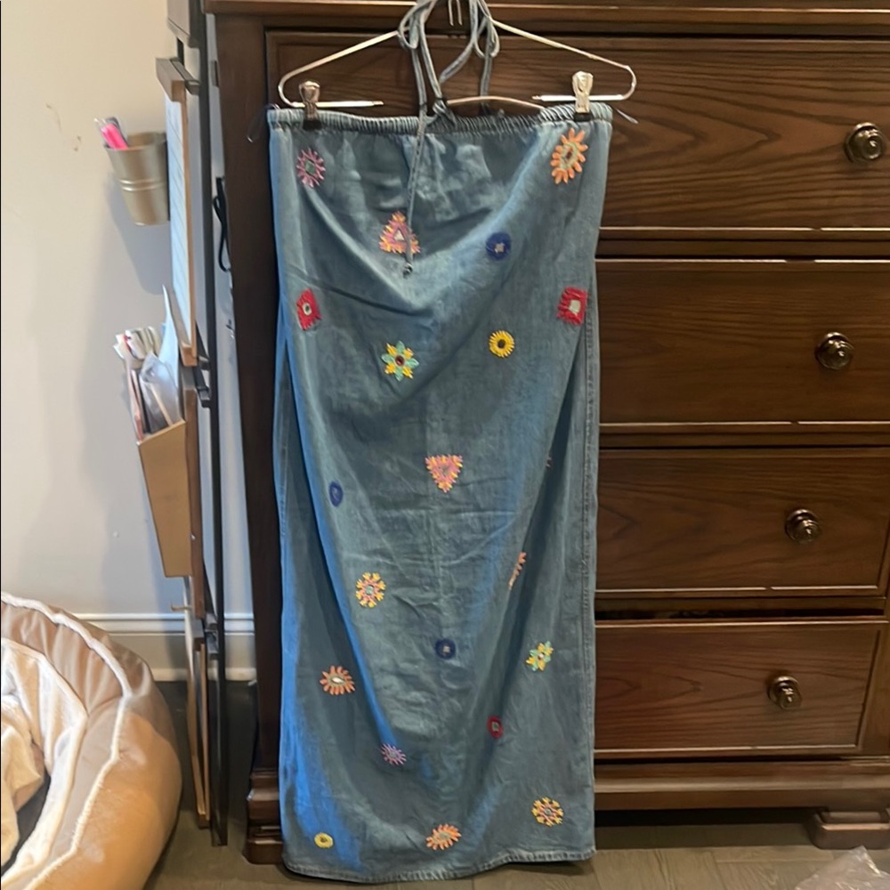 Embroidered Floral Denim Dress